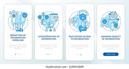 Assignments of information industry blue onboarding mobile app screen. Walkthrough 4 steps graphic instructions pages with linear concepts. UI, UX, GUI template. Myriad Pro-Bold, Regular fonts used