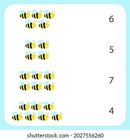 Assignments for preschoolers.
Bright illustration, bees. Vector graphics. White background. Blue frame. Design for children's books, notebooks. Child development.