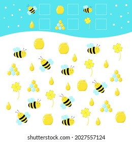 Assignments for preschoolers.
Bright illustration, bees, honeycomb, honey, flowers. Vector graphics. White background. Design for children's books, notebooks. Child development. Counting objects.