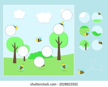 Assignments for preschoolers. A game for children. Illustration, bees fly in nature. Vector graphics. Design for children's books, notebooks. For printing on paper. Child development.