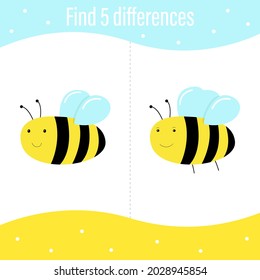 Assignments for preschoolers. A game for children. Printout. Bees, find 5 differences. Vector graphics. On white background. Design for children's books, exercise books. For printing on paper. 