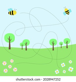 Assignments for preschoolers. A game for children. Summer illustration, bees fly in nature. Labyrinth. Vector graphics, printout. Design for children's books. For printing on paper.