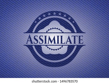 Assimilate badge with denim background. Vector Illustration. Detailed.
