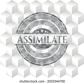 Assimilate grey emblem with geometric cube white background. 