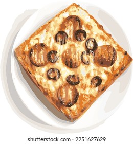 Assimilation of a sandwich as a mini pizza. There are photo and vector versions for design idea. The sandwich is added with cheese, hams, pickled olive and then baked. Served with ketchup or chilis