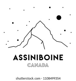 Assiniboine Mountain. Canada. Vector black and white illustration of mountains. Peak. Cars, poster. Print design. Travel and tourism