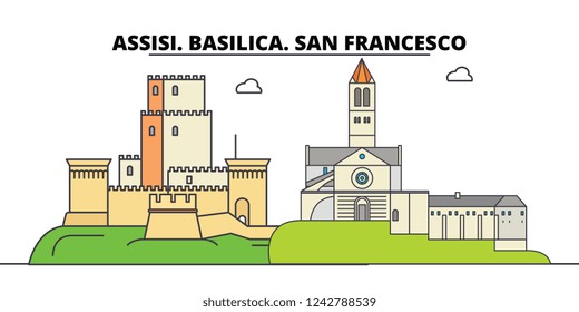 Assisi. Basilica. San Francesco - Other Franciscan Sites  line travel landmark, skyline, vector design. Assisi. Basilica. San Francesco - Other Franciscan Sites  linear illustration. 