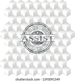 Assist retro style grey emblem with geometric cube white background