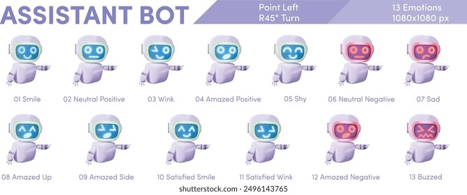 Assistance Bot - Point Left Hand - Right View (45° Turn) - Emotions Range (Smile, Neutral, Wink, Amazed, Shy, Sad, Negative, Amazed, Satisfied, Buzzed)