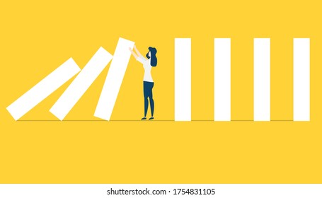 Assistance to business and entrepreneurship. Survive the financial crisis. Business concept with a girl who holds blocks. Save the business. Vector illustration.