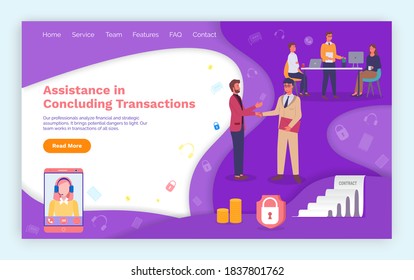 Assistance in concluding transactions landing page design template. Businessmen handshaking, conclusion of a successful transaction. Teamwork of business managers to draw up a financial contract