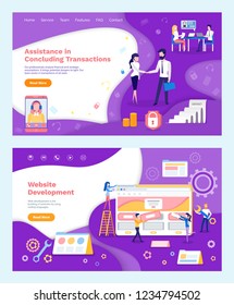 Assistance in concluding,   transactions, personal helper online vector. Website development, developers and coders working on optimization of web page
