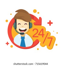 Assistência para clientes 24 horas por dia, 24 horas por dia e 7 dias por semana. Ícone ilustrativo de design moderno de vetor