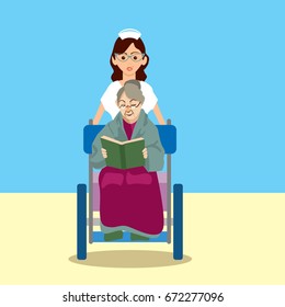 assistance for the disabled. Disability persons. Young and old disabled people in wheelchairs with nurse isolated background