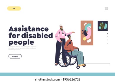 Assistance for disabled people concept of landing page with man on wheelchair visit art gallery. Handicapped tourist guy in museum exhibition. Flat vector illustration