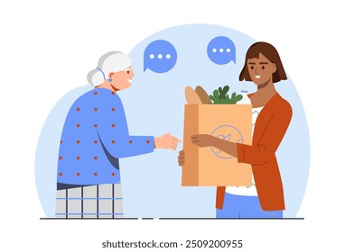 Assistência para idosas. Menina dá pacote de compras com comida para aposentado e sênior. Voluntários e ativistas da fundação beneficente dão comida. Ilustração de vetor plano