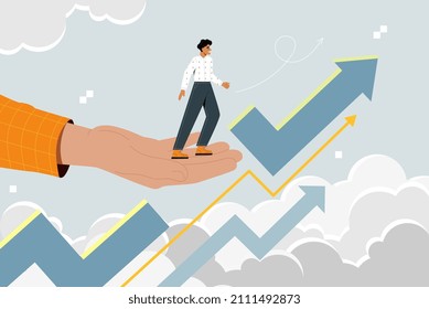 Assistance to employee in career growth. Big hand takes man entrepreneur to next level. Professional development, skills improvement and motivation. Cartoon contemporary flat vector illustration