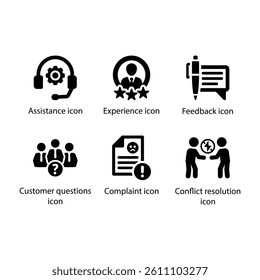 Assistance, Experience, Feedback, Customer questions, Complaint, Conflict resolution, Black Icon Set
