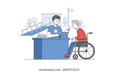 Assistance at a help desk provided by a standing person to a seated individual in a wheelchair within an accessible public facility.
