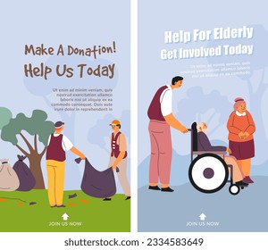 Asistencia y ayuda a las personas mayores, haga donaciones hoy. Caridad y voluntariado para personas indiferentes. Participe en la buena acción. Página web, plantilla de página de inicio. Vector de estilo plano