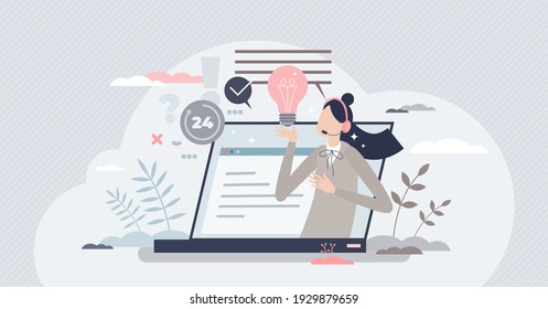 Assistance as help service technical support consultant tiny person concept. Professional female operator answers to customer questions and chat with clients using online webpage vector illustration.