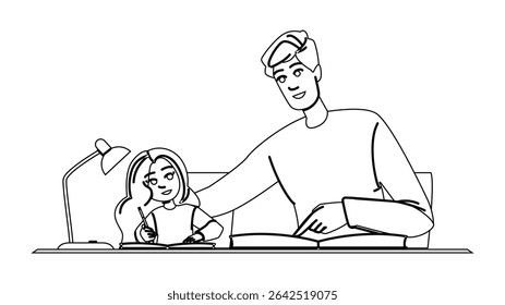 assistance helping kid homework vector. learning education, encouragement focus, concentration understanding assistance helping kid homework character. people black line pencil drawing illustration