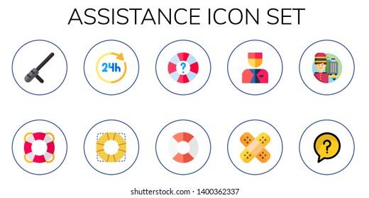 assistance icon set. 10 flat assistance icons.  Simple modern icons about  - baton, lifesaver, hours, help, bellboy, band aid, faq
