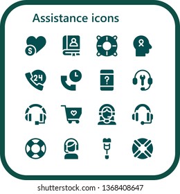 assistance icon set. 16 filled assistance icons.  Simple modern icons about  - Charity, Faq, Help, Hope, 24h, Support, Customer service, Customer support, Headset, Solidarity