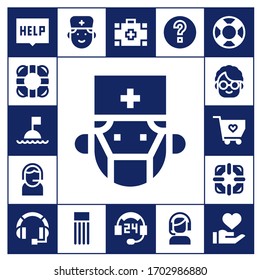 assistance icon set. 17 filled assistance icons. Included Help, Lifebuoy, Buoy, Surgeon, Support, Grandmother, Solidarity, Lifesaver, Headset, Doctor, Float, Medical kit icons