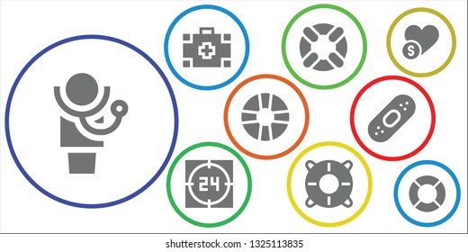 assistance icon set. 9 filled assistance icons.  Simple modern icons about  - Doctor, Medical kit, Lifesaver, Support, Help, Plaster, Charity, Lifeguard