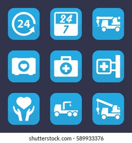 assistance icon. Set of 9 filled assistance icons such as truck with hook, case with heart, medical cross, heart on hand, 24 support, 24 7 hour