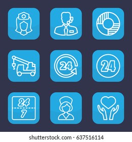 Assistance icon. set of 9 outline assistance icons such as truck with hook, heart on hand, nurse, 24 support, help support, lifebuoy, 24 hours