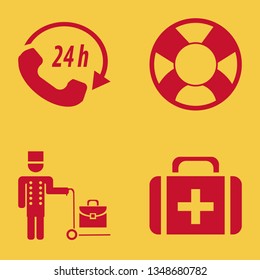 assistance icon set with call center, first aid bag and lifebuoy vector illustration