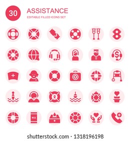 assistance icon set. Collection of 30 filled assistance icons included Lifesaver, Help, Crutches, Lifebuoy, Customer service, Headset, Bellboy, Nurse, Medical kit, Lifeguard, Buoy