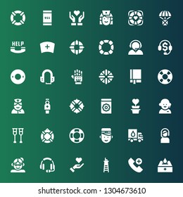 assistance icon set. Collection of 36 filled assistance icons included Donation, Emergency call, Lifeguard, Give love, Headset, Grandmother, Customer service, Bellboy, Lifesaver