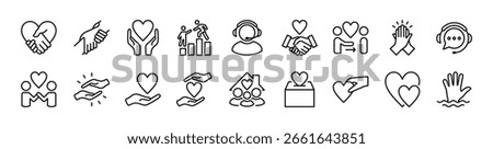 Assistance icon set. Contains help, care, social support team, charity, donate, volunteer, handshake heart, couple, friends, friendship, partnership, giving donation, family, together. Vector