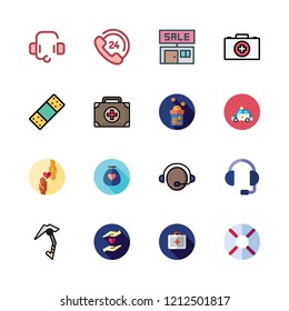 assistance icon set. vector set about police car, band aid, medical kit and customer service icons set.
