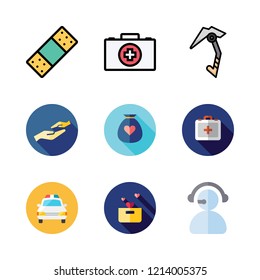 assistance icon set. vector set about band aid, charity, donation and first aid kit icons set.