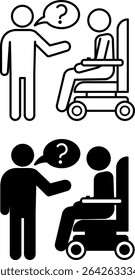 Assistance Icons. Black and White Vector Illustrations. Medical Help. Man Asking Question To Sick Man In Wheelchair. Disability Concept