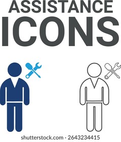 Ícones de assistência, Ícones de arte de linha Contendo correção, casa, reparação de carro, manutenção, caixa de ferramentas e ícones de serviço de reparador. Coleção de ícones do Solid. Ilustração vetorial.