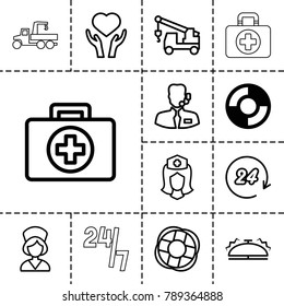 Assistance icons. set of 13 editable outline assistance icons such as lifebuoy, truck with hook, first aid, heart on hand, nurse, bell, help support, 24 hours