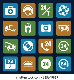 Assistance icons set. set of 16 assistance filled icons such as truck with hook, case with heart, nurse, 24 support, operator, bell, lifebuoy, 24 hours, 24 7 hour