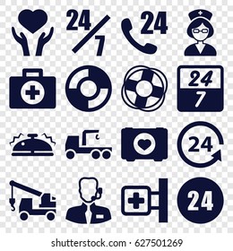 Assistance icons set. set of 16 assistance filled icons such as truck with hook, case with heart, medical cross, heart on hand, 24 support, nurse, bell, help support, lifebuoy