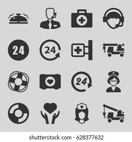 Assistance icons set. set of 16 assistance filled icons such as truck with hook, case with heart, medical cross, heart on hand, nurse, 24 support, operator, bell, help support