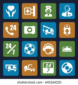 Assistance icons set. set of 16 assistance filled icons such as truck with hook, case with heart, medical cross, heart on hand, nurse, operator, bell, help support, lifebuoy