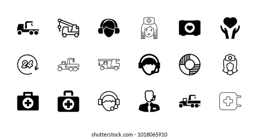 Assistance icons. set of 18 editable filled and outline assistance icons: truck with hook, first aid, case with heart, heart on hand, operator, help support, nurse, lifebuoy