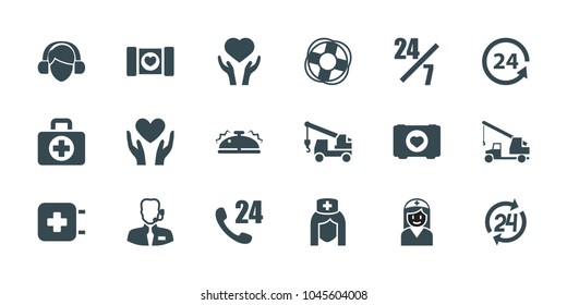 Assistance icons. set of 18 editable filled assistance icons: truck with hook, 24 hours support, case with heart, heart on hand, 24 support, bell, help support, lifebuoy