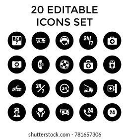 Assistance icons. set of 20 editable filled assistance icons such as truck with hook, 24 hours support, first aid. best quality assistance elements in trendy style.