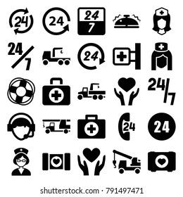 Assistance icons. set of 25 editable filled assistance icons such as truck with hook, 24 hours support, first aid, case with heart, medical cross, heart on hand, nurse