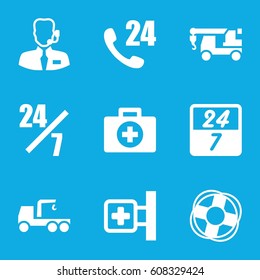 Assistance icons set. set of 9 assistance filled icons such as truck with hook, medical cross, help support, lifebuoy, 24 7 hour, 24 hours support